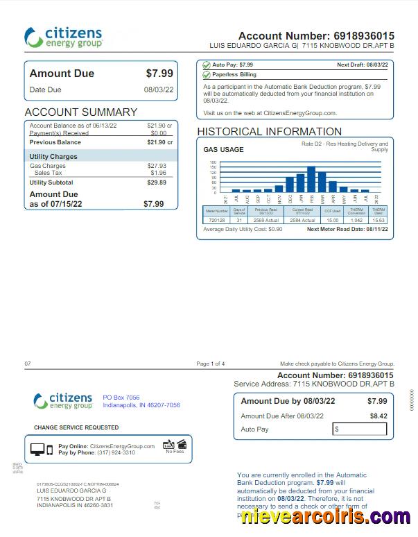 USA INDIANAPOLIS CITIZENS ENERGY GROUP utility bill